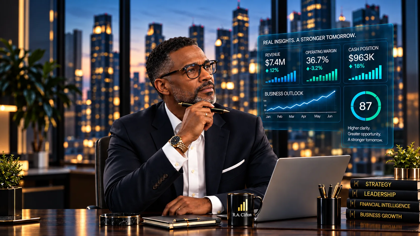 An R.A. Clifton advisor at his desk, a live business dashboard beside him